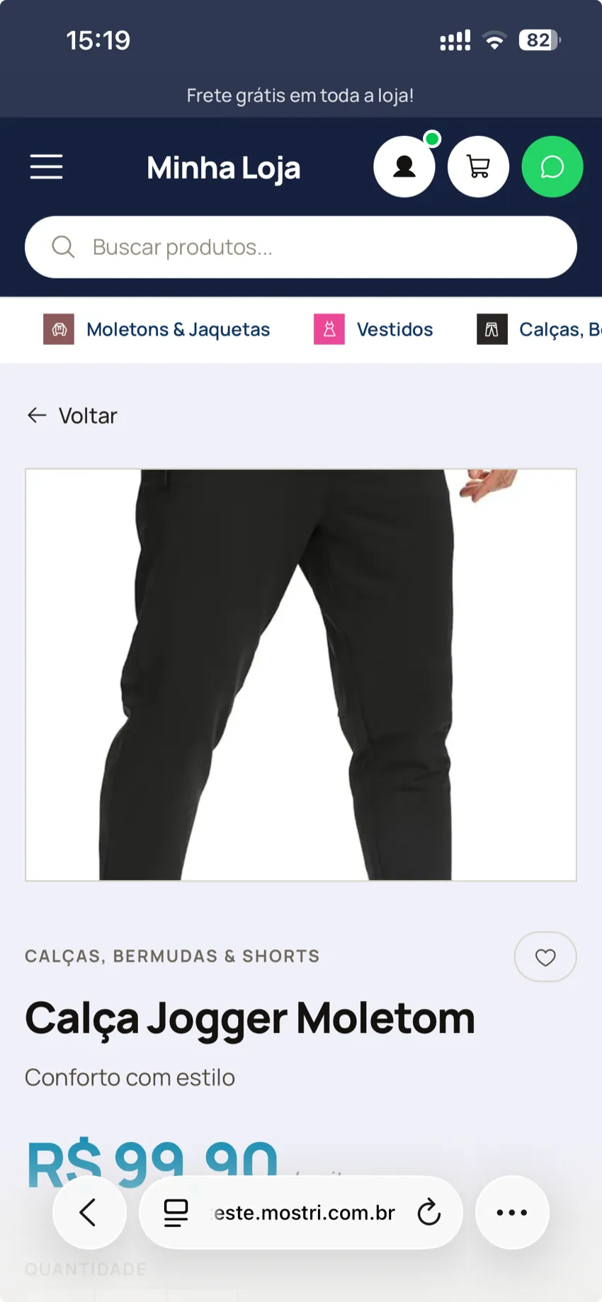 Página de produto com foto, preço e variações